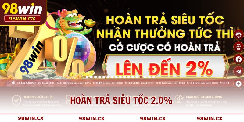 Hoàn trả siêu tốc 2.0% – Có cược là có tiền tại 98WIN
